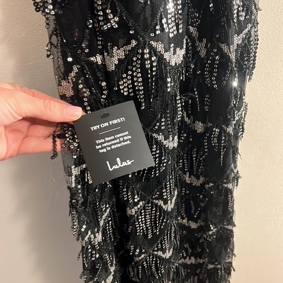 Lulu black and silver, beaded/sequence v neck spaghetti cross strap formal dress - Picture 6 of 8